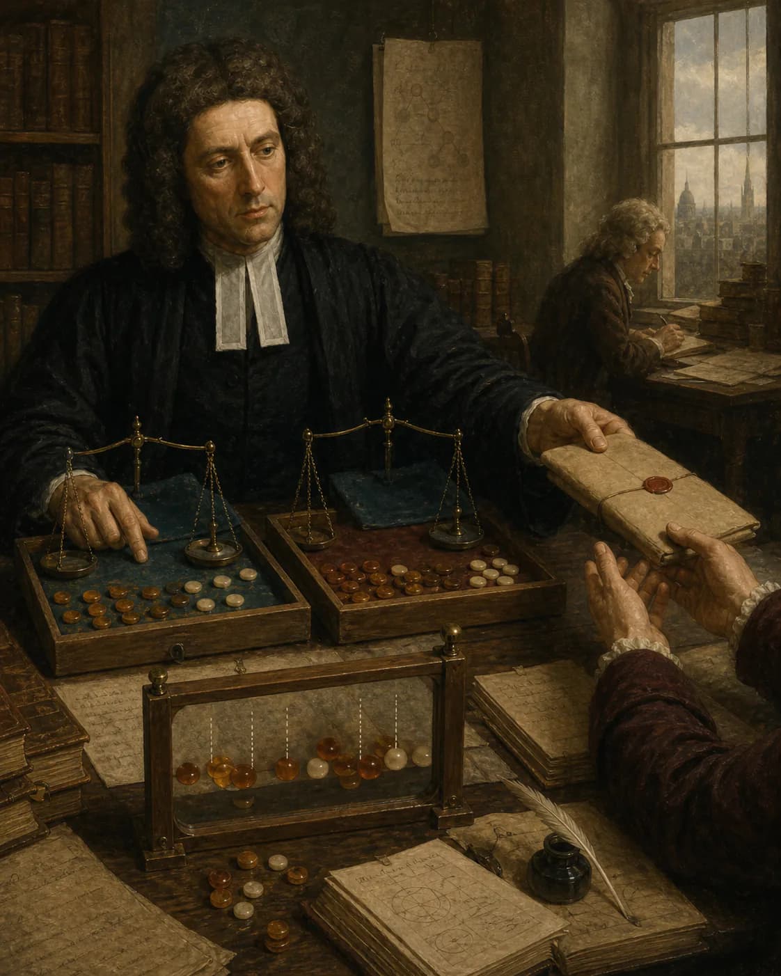 서로 다른 결과 계산돌과 좁아지는 구간, 사후에 프라이스의 손으로 넘어가는 봉인 원고를 배치한 토머스 베이즈의 AI 해석 장면