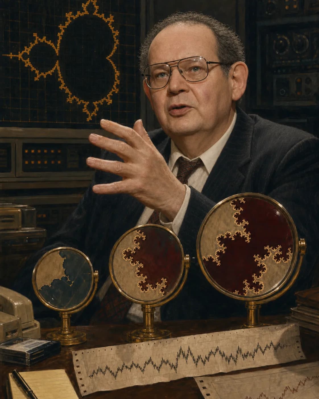 1970년대 IBM형 시각화실에서 세 개의 확대 틀과 호박색 raster로 배율마다 남는 거칠기를 비교하는 망델브로의 AI 편집 장면