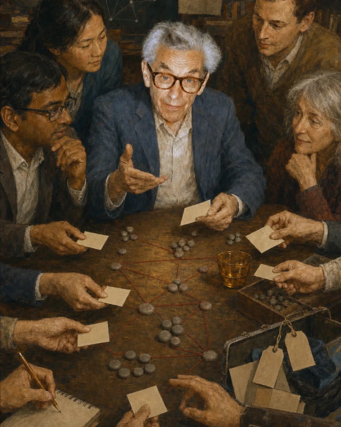 서로 다른 동료들이 문제 카드를 건네고 붉은 실로 소수 계산돌과 그래프를 잇는 가운데 토론하는 에르되시의 AI 편집 장면